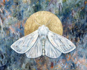 white winter moth blue gold art print