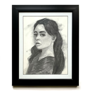 woman face drawing flor portrait charcoal drawing in black frame