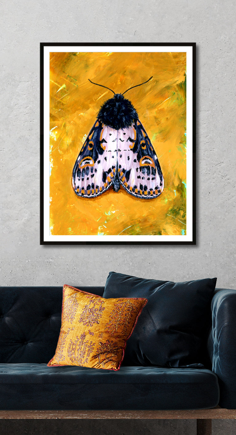 yellow-moth-art-print-framed-over-sofa