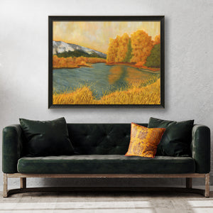 yellow trees lake landscape art print over sofa
