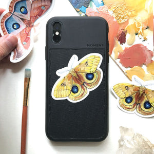 Yellow Io moth insect stickers on phone
